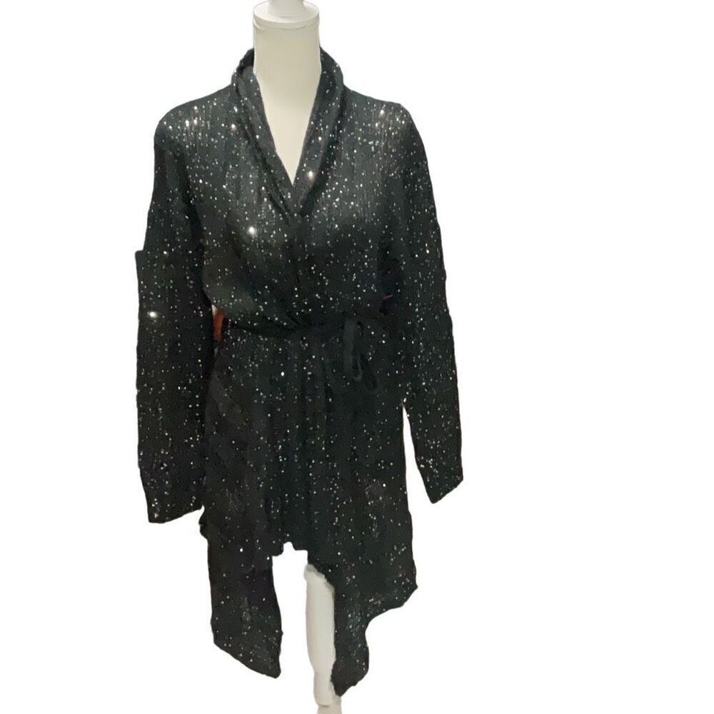 Shape FX Black Small Sequin Open Front Cardigan Sweater Loose Knit Waist tie OS - Picture 1 of 4